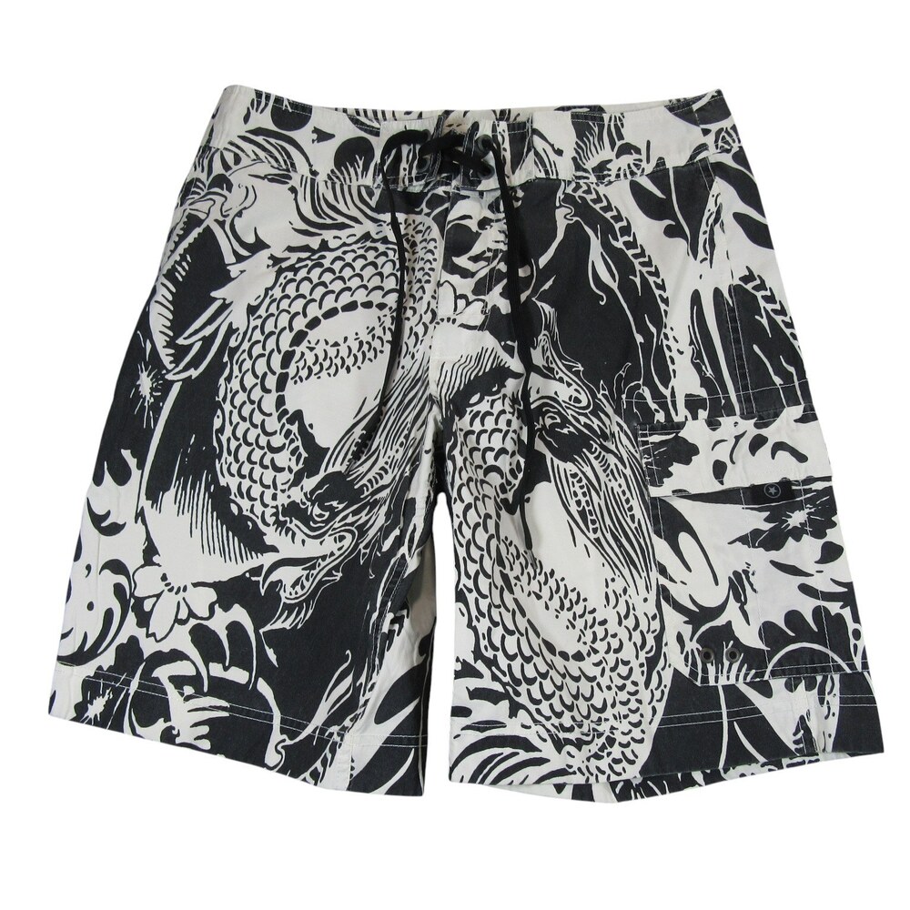 Converse Mens Shorts 34 x 10 Black White Chinese Dragon Graphic Cotton Polyester